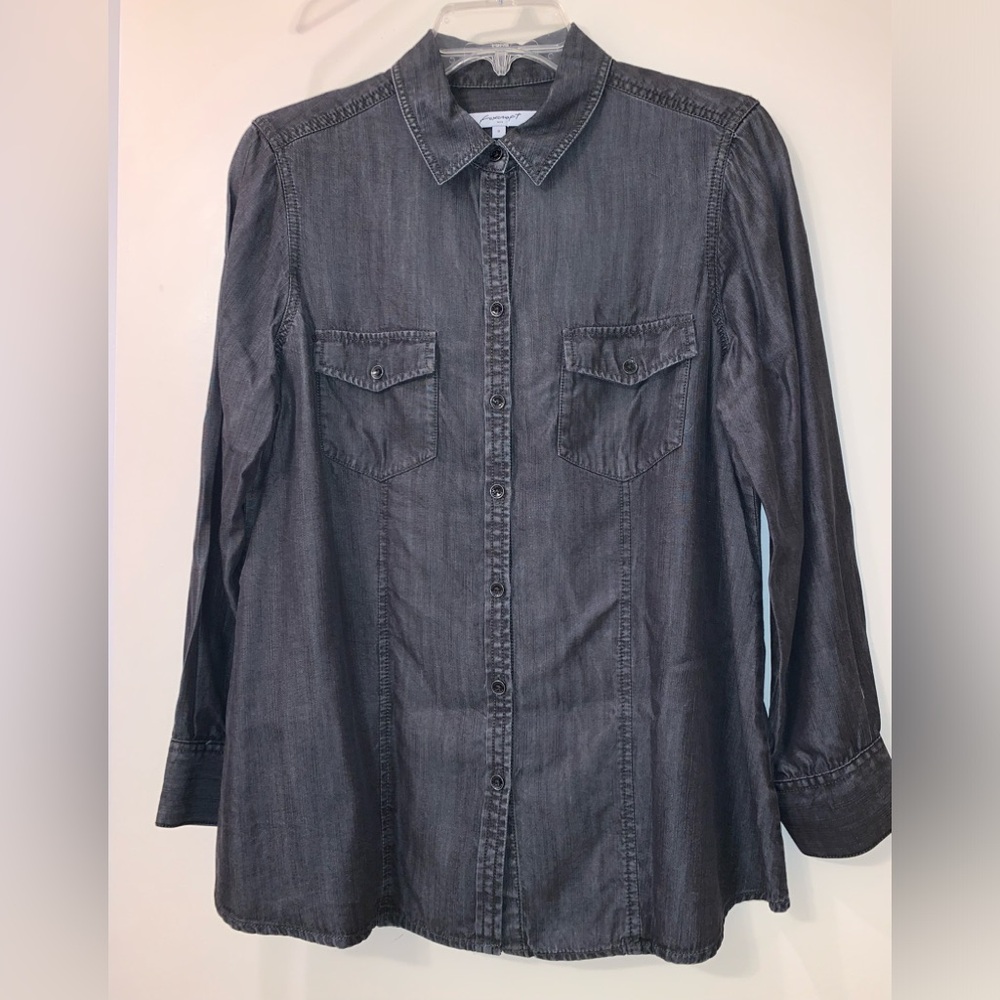 Foxcroft Women Grey Denim Button-Up Lunar Wash Cowboy Boyfriend Shirt 8